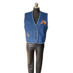 Western Denim Vest Embroidered Horse Floral Handcrafted Unique Equestrian